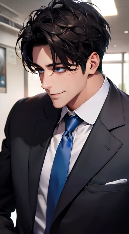 (Highest quality,4K,8K,High resolution,masterpiece:1.2),Super detailed,(Realistic,photoRealistic,photo-Realistic:1.37),1 personld,Mature Man,Beautiful skin、Profile、very handsome,Expressionless,smile,Short gray black hair,blue eyes,Sharp Eyes,A perfect face without a doubt,Businessman,Office Background,Cinema Lighting,HDR image,tie.