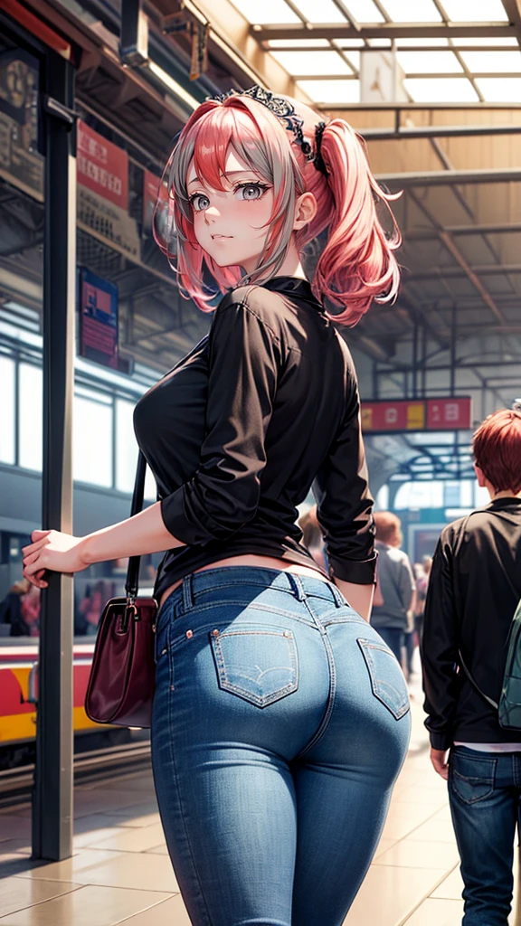 (masterpiece), (), (high resolution), Detailed, (Intricate details 1.2), (Hyper Detailed 1.4), (Gorgeous digital art 1.2), absurd, 1 Girl, Small Breasts, butt, Hair accessories, Solitary, Pink Hair, (Black shirt:1.3), jeans, (TRAIN STATION:1.2) running, thigh, shortstack, 