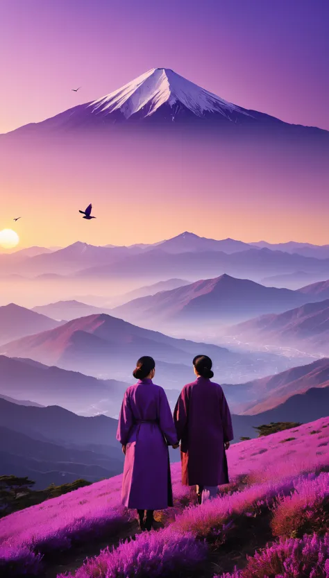 ultra-high resolution、ultra hd、8k、two people engaged in deep conversation atop a magnificent purple mountain、the sun begins to s...