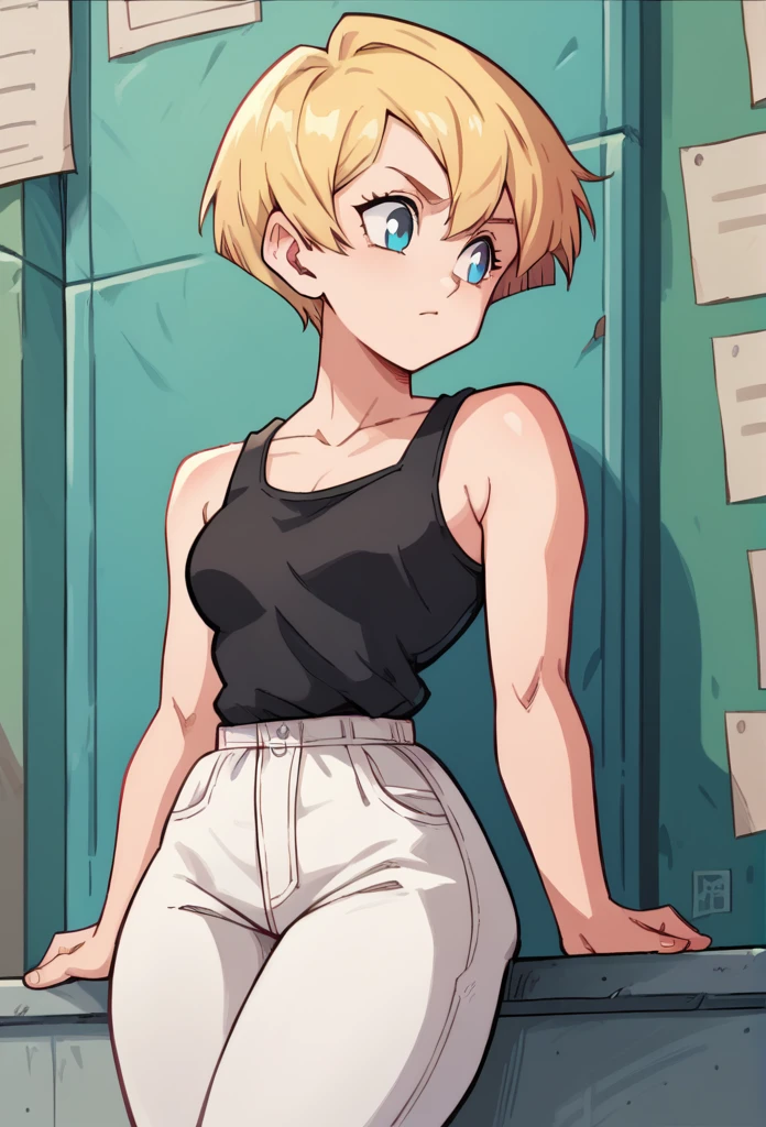 1 , Alone, short hair, blonde hair,high resolution, masterpiece, Anatomically correct, Necessary, high details, blue eyes, on the School, Black tank top , white pants,thick thighs ,thick