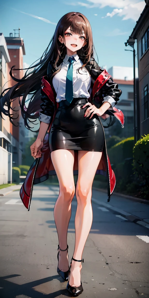 Marin Kitagawa,intenseglare,(best quality:1.6, highres), (beautiful detailed eyes:1.2), elevated, high-quality, beautiful face, 1 girl, leather pencil skirt, oversized leather jacket, blackbird, long hair, wide hips, landscape beautification, street, background, detailed background, sinister smile, angled laughter, long coat, blouse, tie, office woman, mature,((high heels)),A look of contempt,disgusting expression,Legs raised high heels soles, 