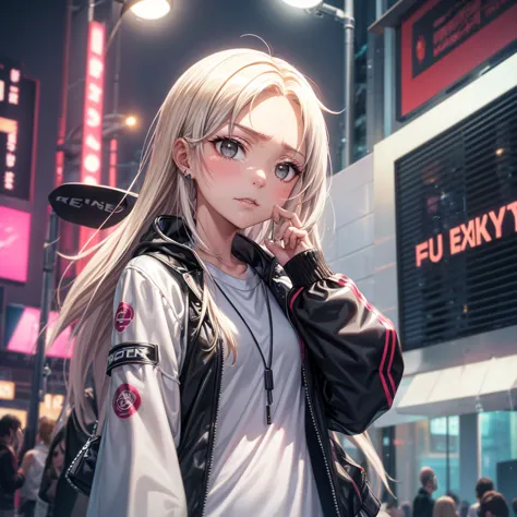 1 girl, blond,  cexist_ear, animal_ear, solitary, dark_skin, tan_skin, foggy neon futuristic,  summer jackets, cherry blossoms f...