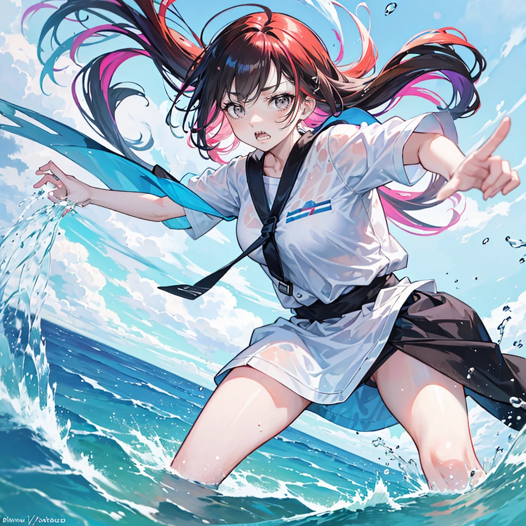 masterpiece, (Dynamic poses:0.5), absurd, 1 Girl,  Fighting Stance, Flushing, (Attack with water:1.5) Wet clothes, wet hair, Wet face, There is water behind the person, multicolored hair, (wind:1.4)