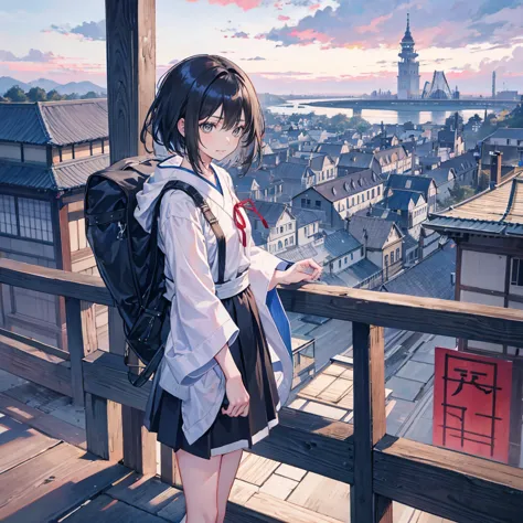 1 girl,bangs,black_hair,blue_sky空,bridge,architecture,castle,[city,[cityscape,cloud,sky,skirt,searching for_exist_viewer,outdoor...