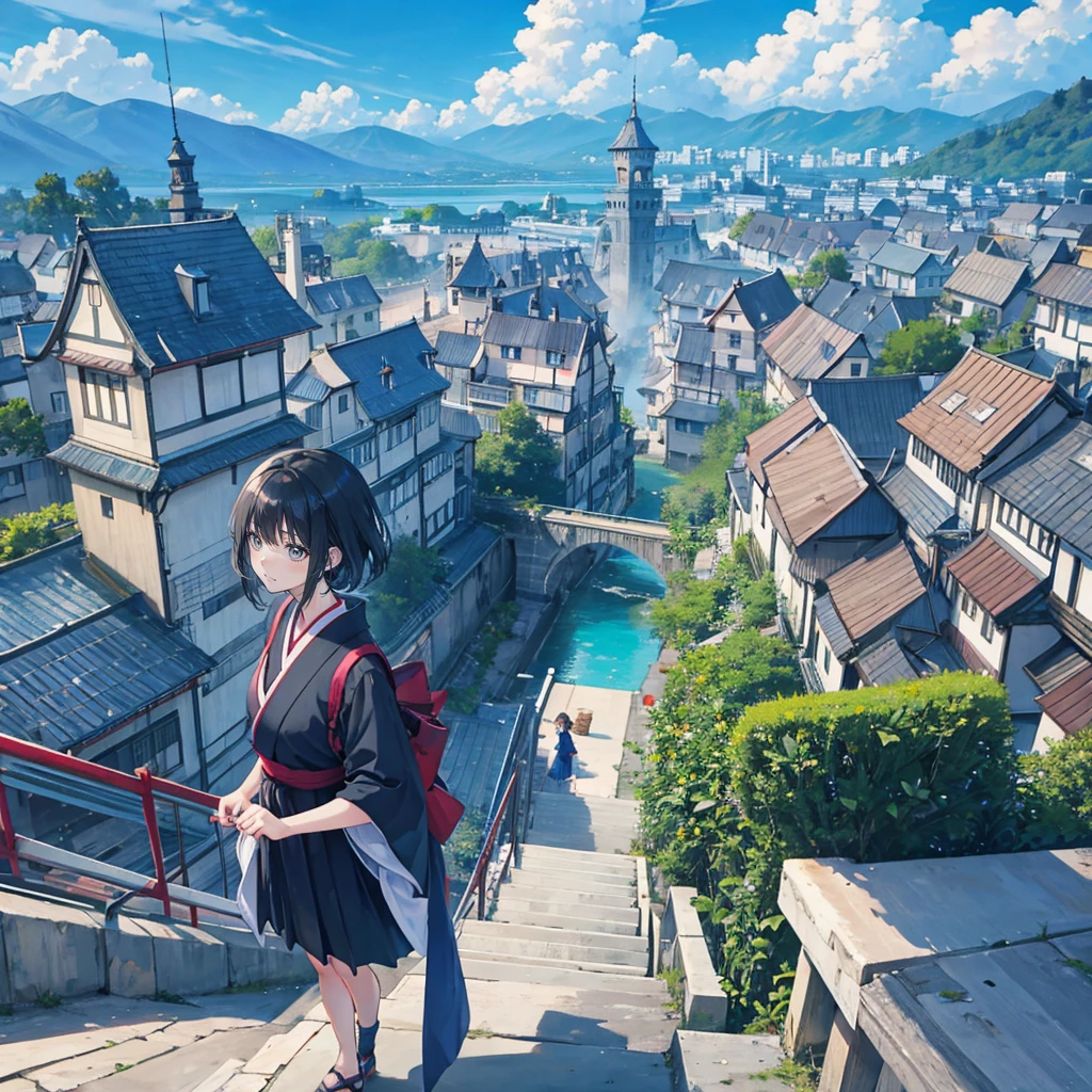 1 Girl,Bangs,black_hair,Blue_sky空,bridge,architecture,castle,[City,[Cityscape,cloud,sky,skirt,Searching for_exist_Viewer,outdoor,Red_tie,Red_Ribbon Ribbon River,Short_hair,Short_sleeve,sky空,sky空scraper,Solitary,permanent,village,wexister,(Masterpiece Japanese Animation,newest,new,exception:1.2),