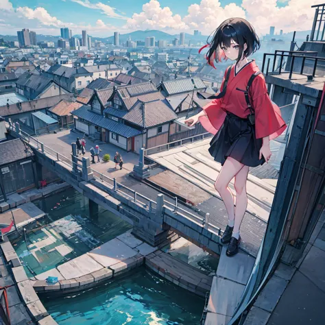 1 girl,bangs,black_hair,blue_sky空,bridge,architecture,castle,[city,[cityscape,cloud,sky,skirt,searching for_exist_viewer,outdoor...