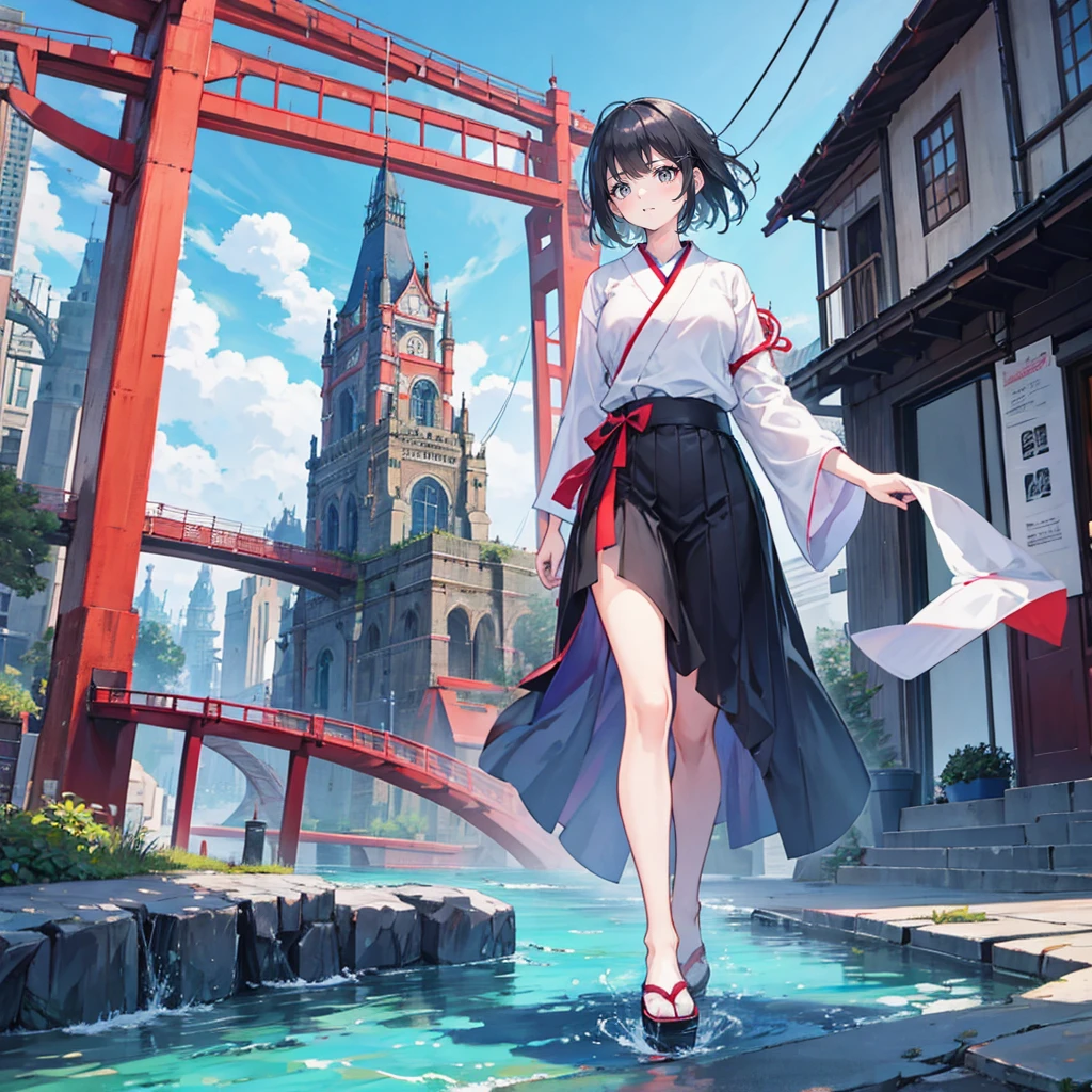 1 Girl,Bangs,black_hair,Blue_sky空,bridge,architecture,castle,[City,[Cityscape,cloud,sky,skirt,Searching for_exist_Viewer,outdoor,Red_tie,Red_Ribbon Ribbon River,Short_hair,Short_sleeve,sky空,sky空scraper,Solitary,permanent,village,wexister,(Masterpiece Japanese Animation,newest,new,exception:1.2),