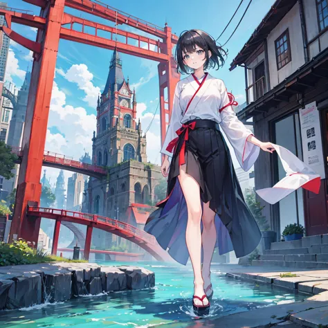 1 girl,bangs,black_hair,blue_sky空,bridge,architecture,castle,[city,[cityscape,cloud,sky,skirt,searching for_exist_viewer,outdoor...