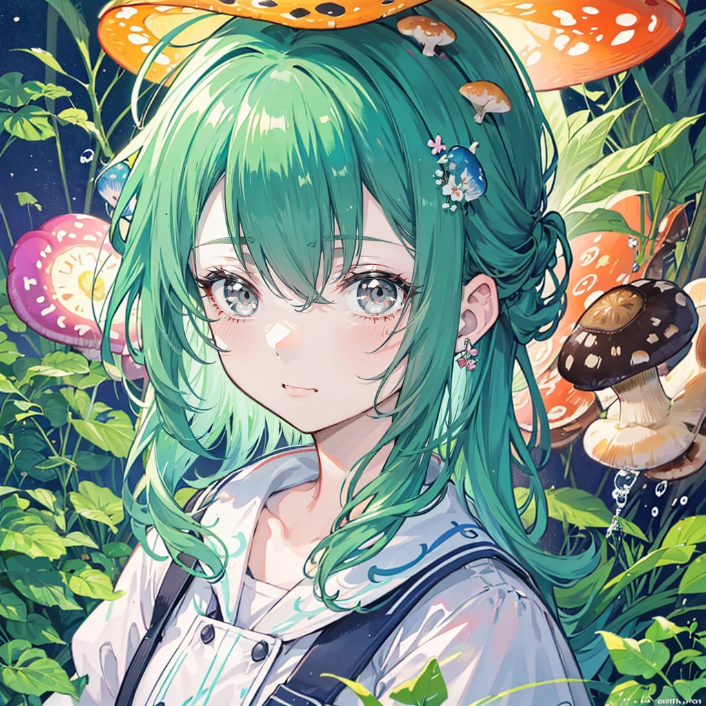 Nashida (masterpiece), (), (Extremely detailed),(Messy hair),(illustration), (1 Girl), Beautiful and delicate eyes,Delicate and beautiful face,Floating,(High Saturation),(Colorful splash),Colorful bubbles,(shining),Focus on the face, Walking in a forest full of colorful mushrooms