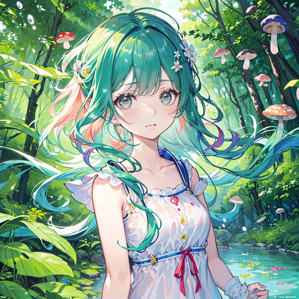 Nashida (masterpiece), (), (Extremely detailed),(Messy hair),(illustration), (1 Girl), Beautiful and delicate eyes,Delicate and beautiful face,Floating,(High Saturation),(Colorful splash),Colorful bubbles,(shining),Focus on the face, Walking in a forest full of colorful mushrooms