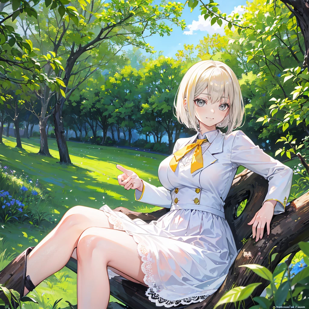 sunny, Elegant photo of a girl wearing a Blazer Dress, (Puffy eyes:1.05), (White lace shirt), Platinum blonde hair, (Angled Bob:1.4), Straight bangs, (Flowing hair), Smile, Happy, happiness, High Detail Skin, Skin pores, Amazing innocent symmetrical face, Long eyelashes, Black eyeliner, Light gold eyeshadow,(Sitting on a branch), cross_leg, emotion, wind, garden, Trees, Grass, masterpiece, Reality,