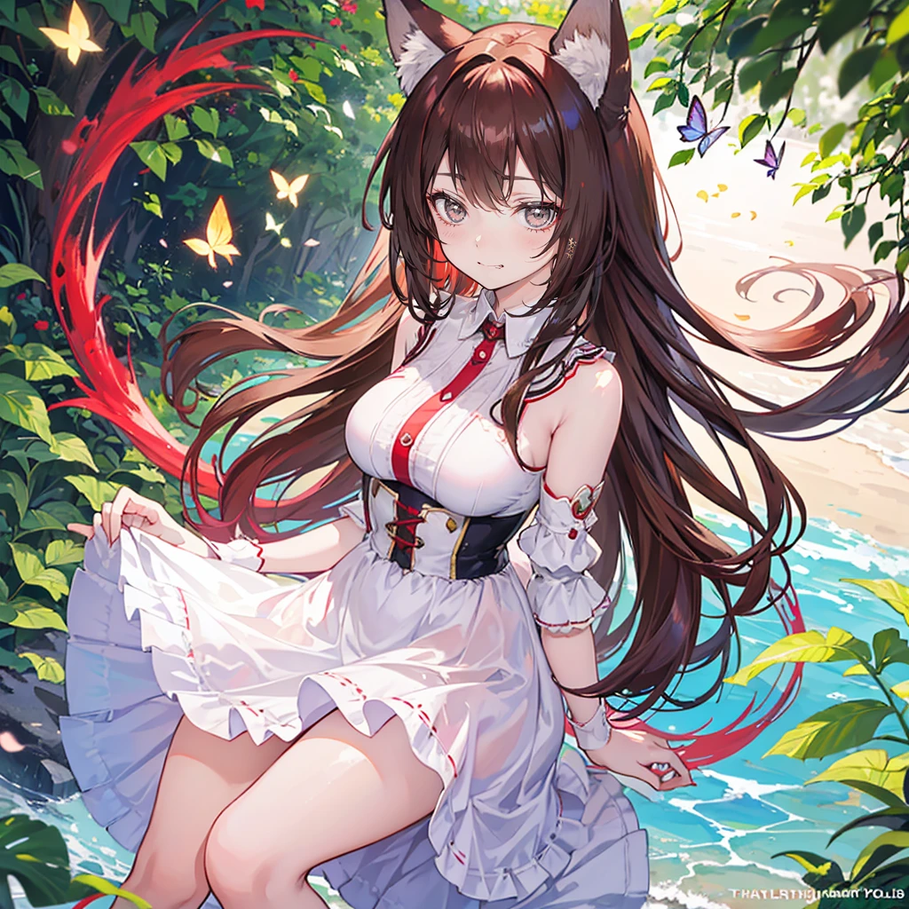 masterpiece, 1 Girl, Solitary, Smile, Smile, cherry, Sunlight Dappled, Butterfly, Herbivore ears,Wolf ears,Long hair, Tail, wolf Tail, Red Eyes, Wolf Girl,Brown hair,,  