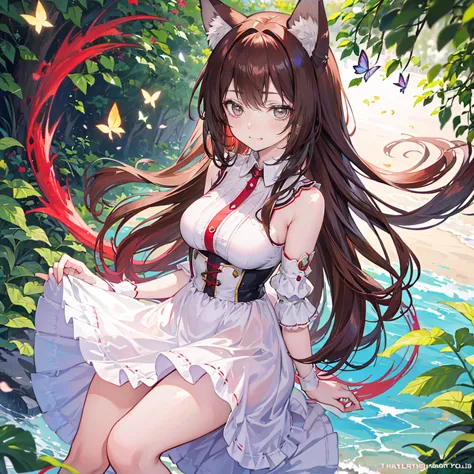 masterpiece, 1 girl, solitary, smile, smile, cherry, sunlight dappled, butterfly, herbivore ears,wolf ears,long hair, tail, wolf...