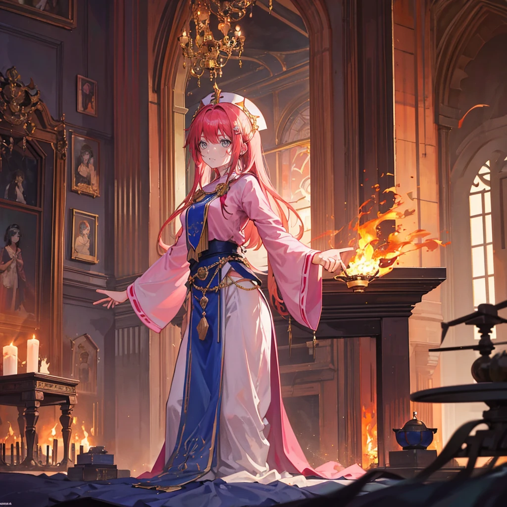 high frequency: 1.8, Rich details, Masterpiece 8000, Beautiful priestess in pink shirt standing in front of fire, Dance, Hand waving fan, Fan on fire, Fire surrounds the priestess, Burning battlefield background,  