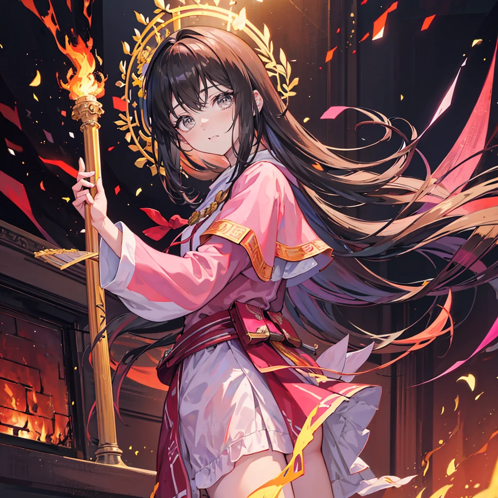 high frequency: 1.8, Rich details, Masterpiece 8000, Beautiful priestess in pink shirt standing in front of fire, Dance, Hand waving fan, Fan on fire, Fire surrounds the priestess, Burning battlefield background,  