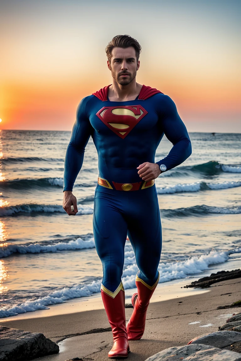 1man, A full body shot of a charismatic male fitness model, 30 years old，small beard, Sexy and charming expression，gloomy eyes，Blue eyes, captured running, close to the sea, dressed in tight blue Superman suit, a red cape falls behind his shoulders, and he wears red boots, golden hour lighting, cinematic and moody, (best quality,4k,8k,highres,masterpiece:1.2),ultra-detailed,(realistic,photorealistic,photo-realistic:1.37),HDR,studio lighting,professional,vivid colors,dramatic lighting