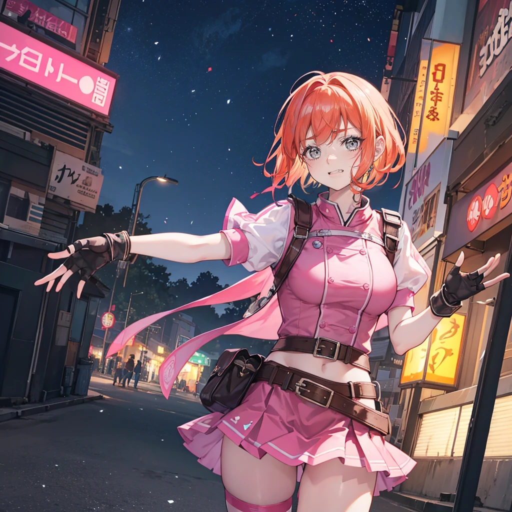 1 Girl,Cowboy shooting, Beautiful Nora_Valkyrie, Looking at the audience, Smile, Short hair, Blue Eyes,Heart Shaped Pattern, Gloves,  jacket, Pink skirt, Pink belt, Short sleeve, Puff sleeves, Single armband, fingerless Gloves, Orange Hair, pink Gloves, Dynamic poses, night, outdoor, [City, (Volumetric Lighting), , Masterpiece intricate details, Tone Mapping, Clear focus, Ultra Detailed, Popular on artstation,