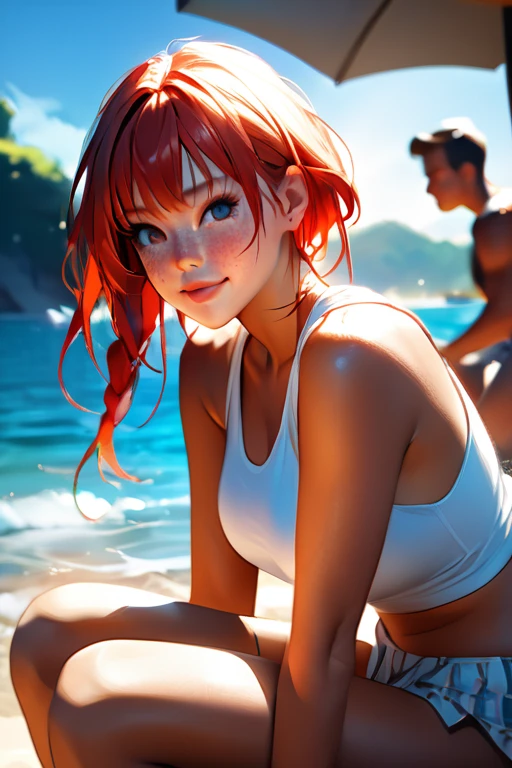 1 young woman; age 18; Slender, athletic; bright red hair; expressive light brown eyes with black pupils; attractive; lightly tanned skin; high detail freckles on face; very large breasts; trending on artstation; complex volumetric lighting; strong shadows; artistic lighting; dynamic; energetic vibe; realistic skin; specular highlights; micro-textures; highly detailed hair; wearing a white tank top; sitting on the beach at sunset with vibrant hues in the sky; beautifully detailed; epic focus including artists like Loish; Rhads; Beeple; Makoto Shinkai; Lois van Baarle; Ilya Kuvshinov; RossDraws; Tom Bagshaw; Alphonse Mucha; background contains a beach party; laughing expression