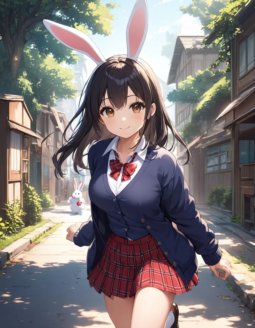 4k, bestquality, detailed, detailed scenery, detailed eyes, 1Girl, cute, adorable, straight hair, long hair, black hair, brown eyes, cleavage, smiling, looking at the camera, sunlight, school girl, (fake white rabbit ears:1.4), (walking action:1.3), motion, beautiful walking form, cute school uniform, outerwear is (dark navy cotton cardigan:1.3), long sleeves, innerwear is white collared shirt, (red gingham plaid ribbon on neck), red gingham plaid pleated skirt, mini skirt, white socks, loafers, from front