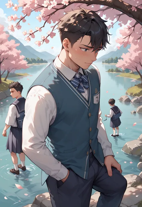 two japanese high school boys are confessing their love after their graduation ceremony by a river with cherry blossoms falling ...