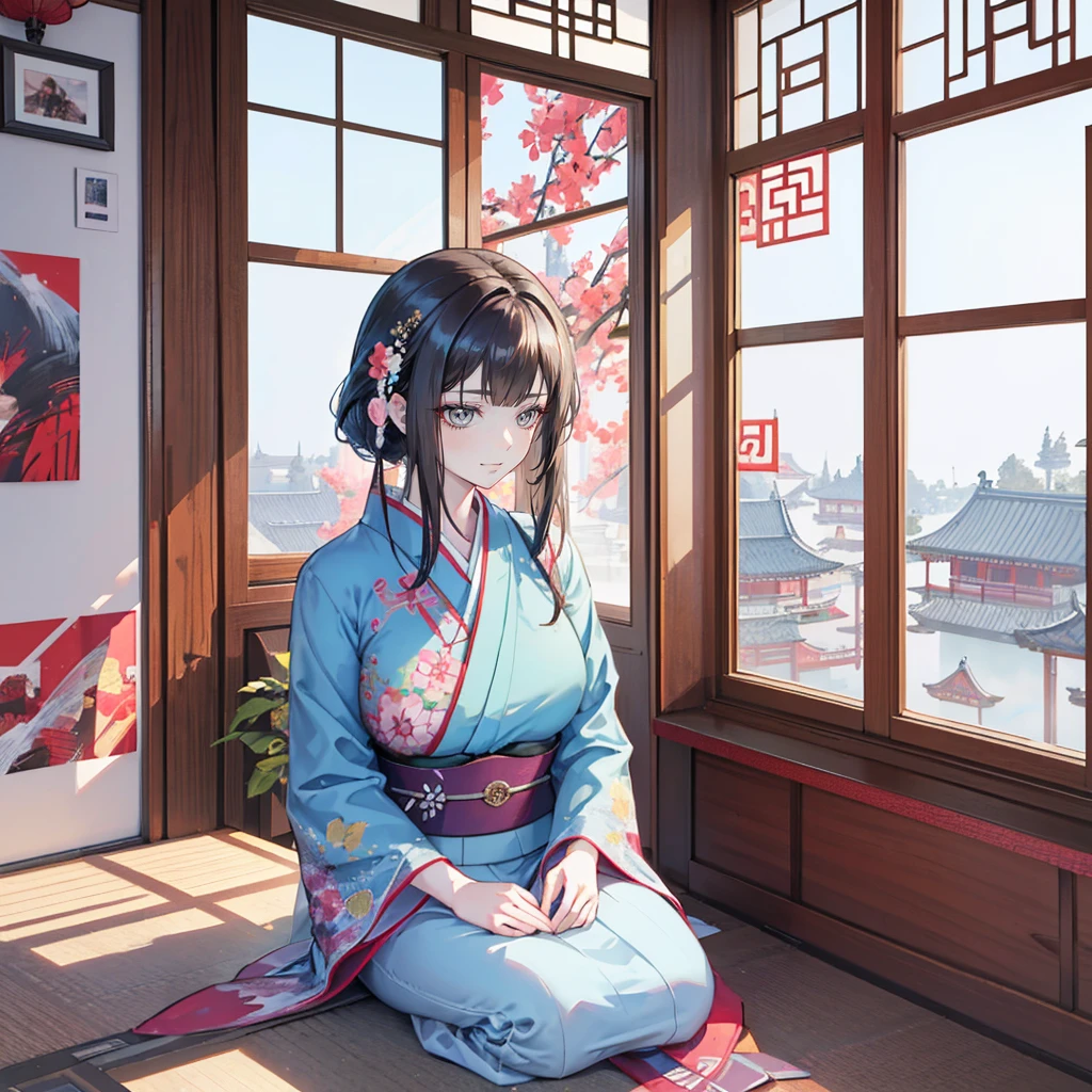 Araffe woman in kimono sitting on windowsill, palace ， Girl wearing Hanfu, Realistic anime 3D style, guweiz style artwork, Beautiful character painting, 3D animation realistic, Popular on cgstation, Anime style 3d, Wearing ancient Chinese clothes, Chinese Girl, Artgerm 和 Atey Ghailan