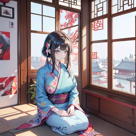 araffe woman in kimono sitting on windowsill, palace ， girl wearing hanfu, realistic anime 3d style, guweiz style artwork, beaut...