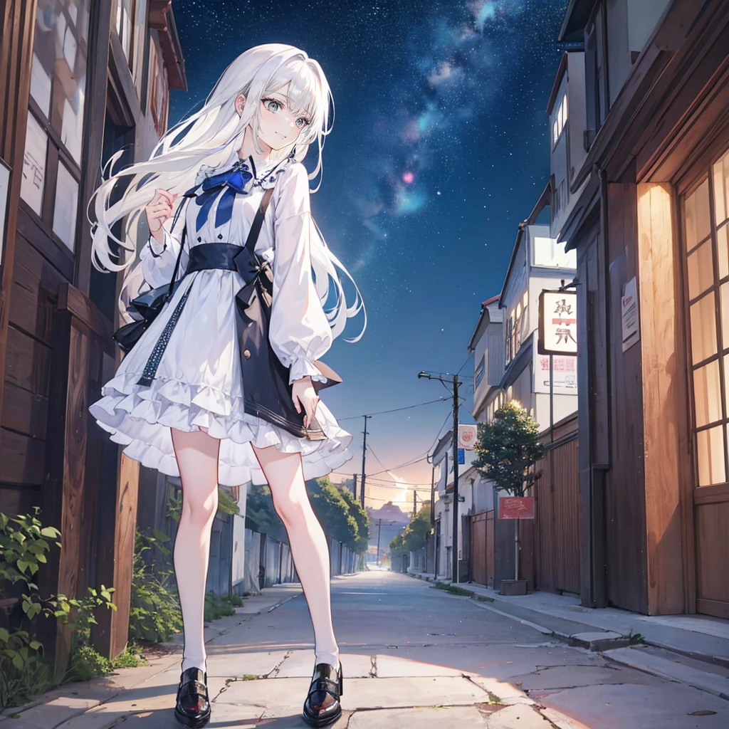 The background is a city, perfect White hair girl, Lolita in a skirt, White hair, White hair god, Cute anime girl in beautiful clothes, White hair, Best Anime 4K Konachan Wallpapers, Small curve, pixiv artstation 上的 guvez, White hair girl, Night Core, Standing on a tree, Looking at the stars, Rich facial details