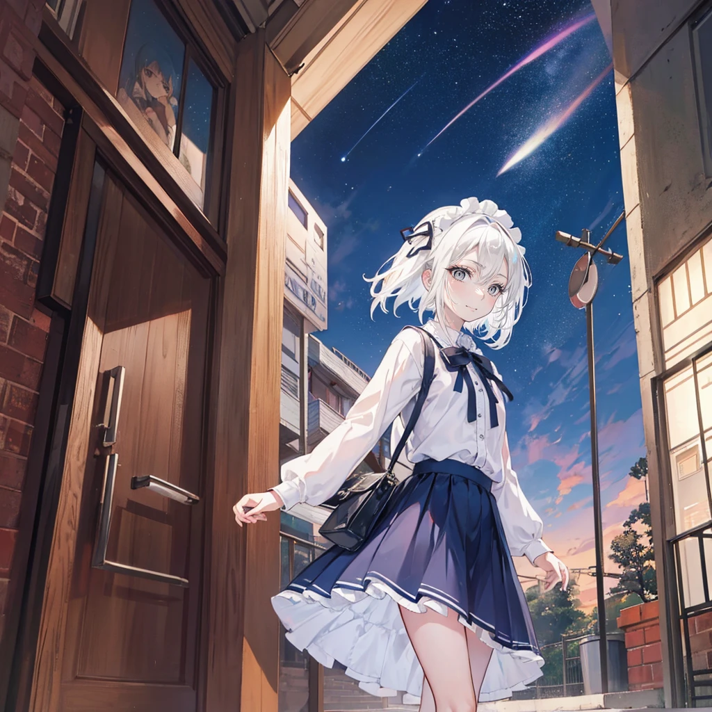 The background is a city, perfect White hair girl, Lolita in a skirt, White hair, White hair god, Cute anime girl in beautiful clothes, White hair, Best Anime 4K Konachan Wallpapers, Small curve, pixiv artstation 上的 guvez, White hair girl, Night Core, Standing on a tree, Looking at the stars, Rich facial details