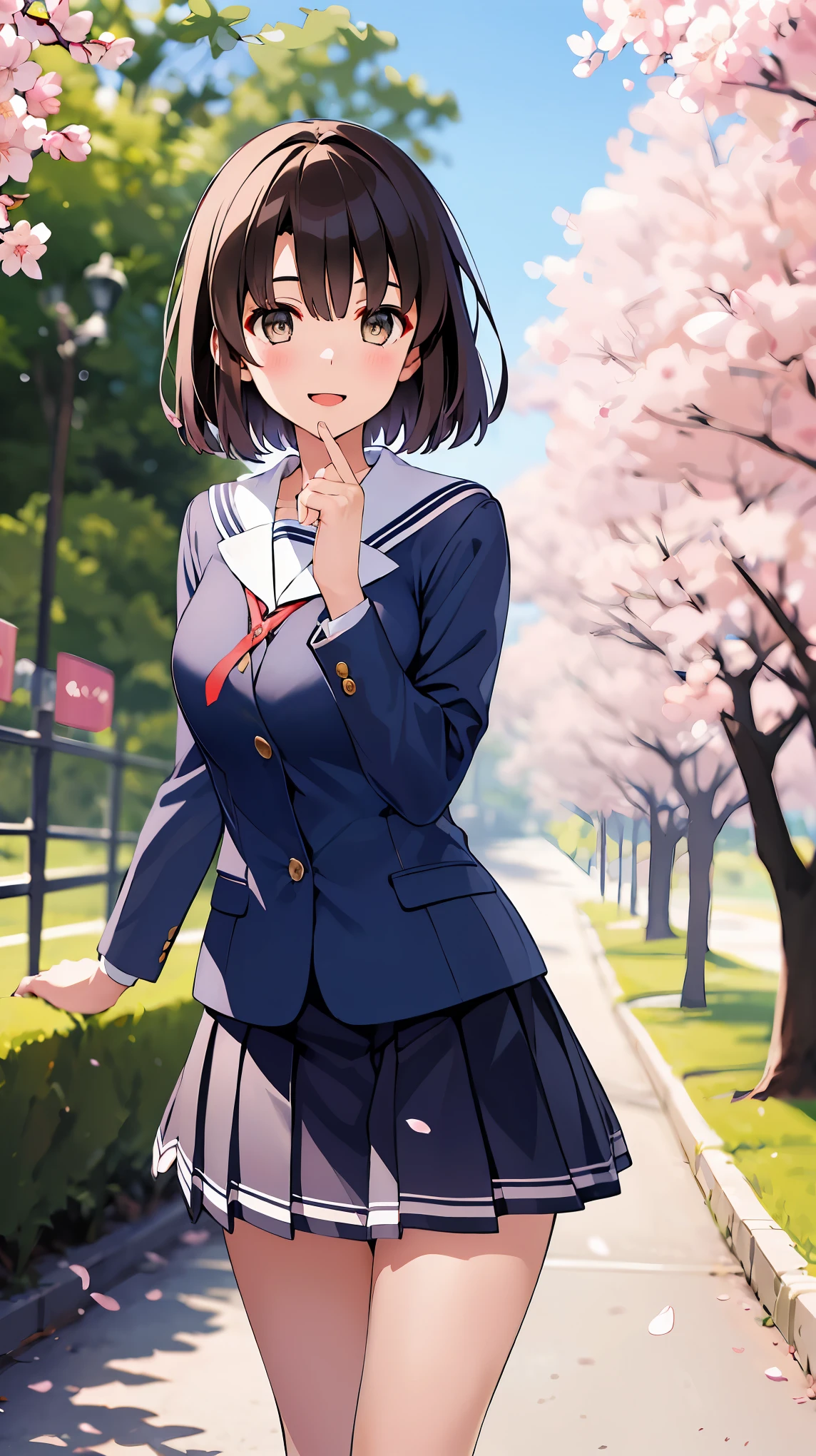 ((masterpiece, best quality, highres)), depth of field, 
BREAK, 1girl, standing, cowboy shot, close mouth, smile, 
BREAK, (outdoor, cherry blossom),   
BREAK, bbmegumi, short hair, school uniform, sailor collar, (blue shirt:1.2), long sleeves, pleated skirt, blue skirt