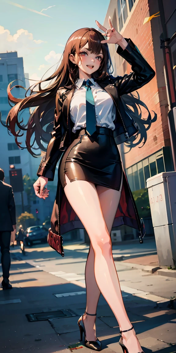 Marin Kitagawa,intenseglare,(best quality:1.6, highres), (beautiful detailed eyes:1.2), elevated, high-quality, beautiful face, 1 girl, leather pencil skirt, oversized leather jacket, blackbird, long hair, wide hips, landscape beautification, street, background, detailed background, sinister smile, angled laughter, long coat, blouse, tie, office woman, mature,((high heels)),A look of contempt,disgusting expression((,Legs raised high heels soles)), 