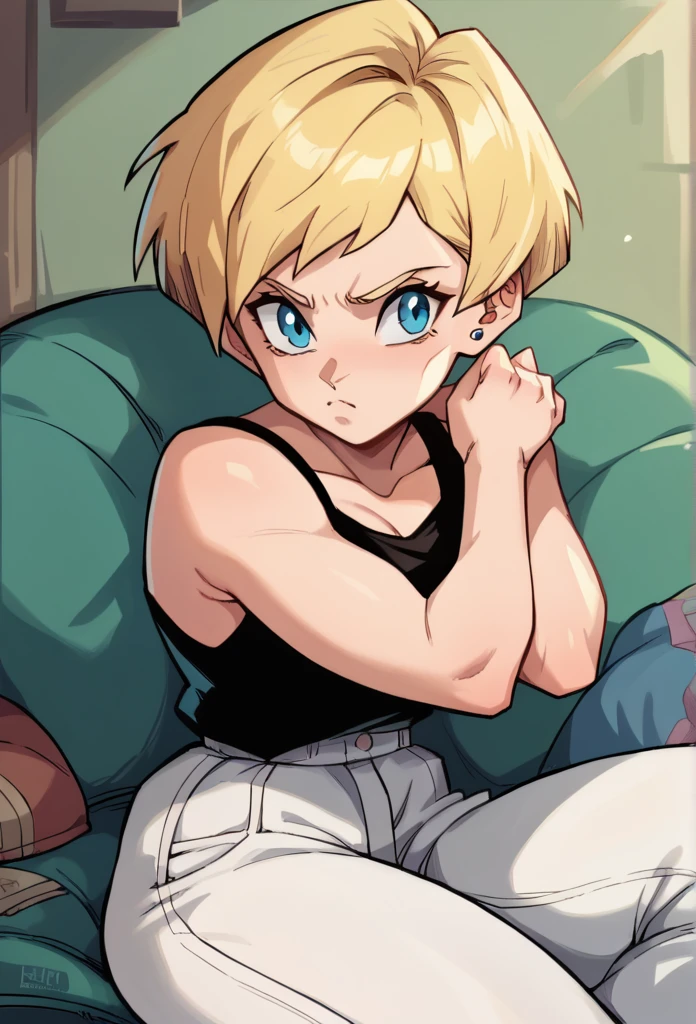 1 , Alone, short hair, blonde hair,high resolution, masterpiece, Anatomically correct, Necessary, high details, blue eyes,Black tank top , white pants,thick thighs ,