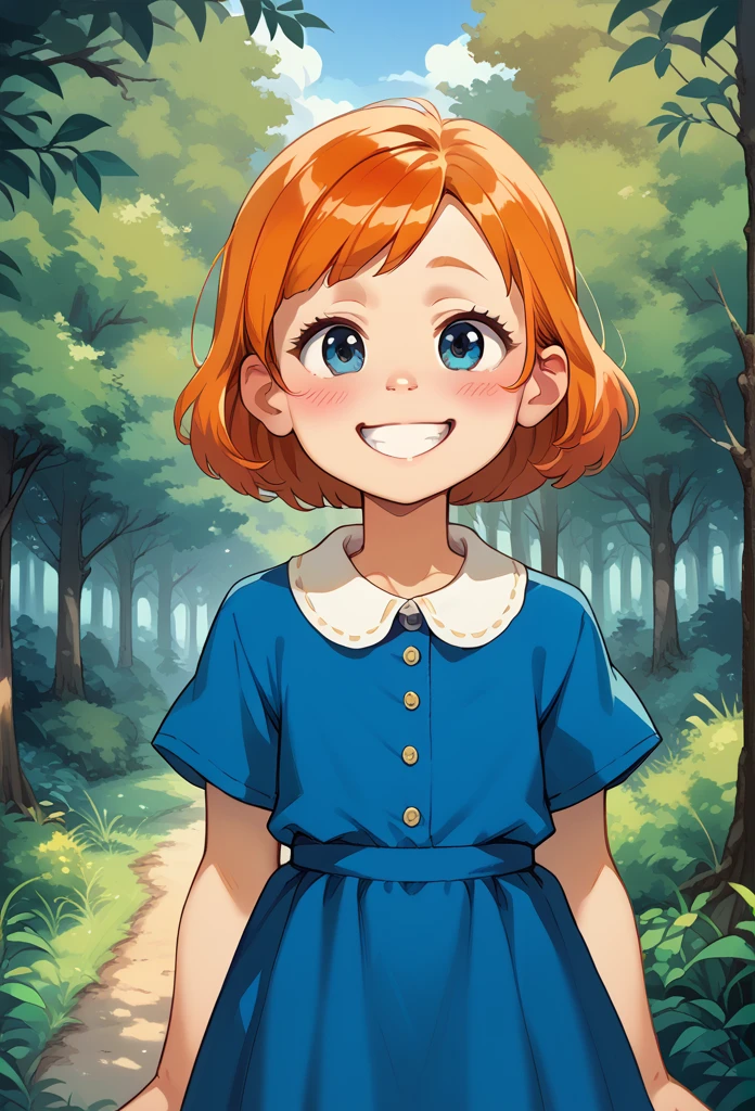 meilinlee, orange hair, blue dress, smile, blush, outdoors, forest, by diives