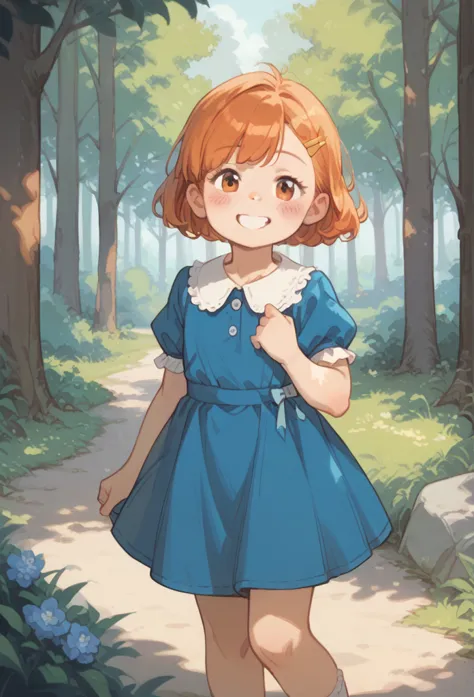 meilinlee, orange hair, blue dress, smile, blush, outdoors, forest, by diives