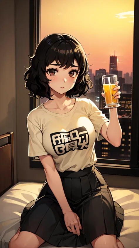 sadayo kawakami、sadayo kawakami sitting on a bed、（（holding a beer glass in hand））、beautiful night view outside the window、ennui、...