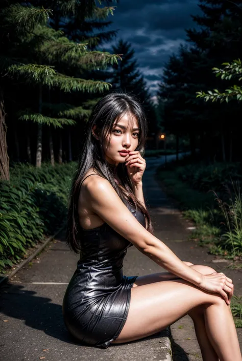 (masterpiece, best quality), 1girl(athena_asamiya), cute dress, long black hair, sitting, beautiful outdoor background, night, f...