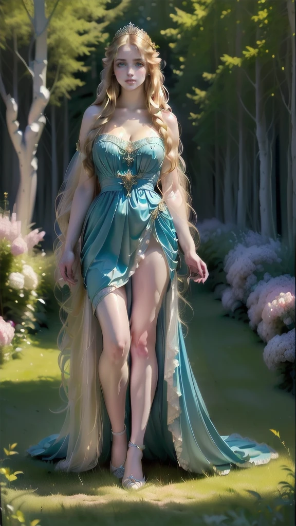 a painting of a woman in a blue dress standing in a garden, beautiful character painting, portrait painting of a princess, blonde - haired princess, beautiful maiden, princess portrait, inspired by Edmund Leighton, oil painting of princess vulvine, beautiful fantasy maiden, inspired by Cynthia Sheppard, lovely languid princess, alluring elf princess knight, portrait of a princess, 
 ([long hair hair]:1.8), (full body:1.8), (upper body up:0.3), (hyper realistic:1.4), (realistic:1.3), (best quality real texture skin), Detailed eyes, detailed face, PERSEPHONE, Forest background.