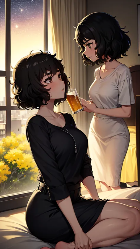 sadayo kawakami、sadayo kawakami sitting on a bed、（（holding a beer glass in hand））、beautiful night view outside the window、ennui、...