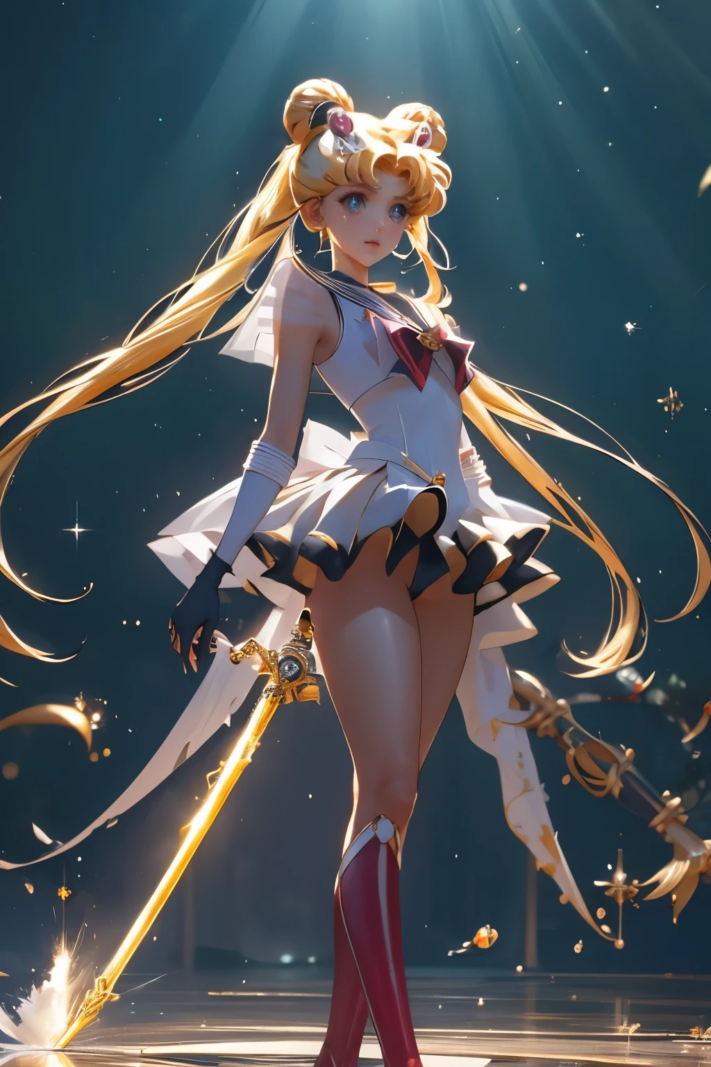 （（（Highest quality、masterpiece、Normal body、8k、Detailed face、Ultra-precision、Normal hand、Normal finger、５This finger、Highest）））、beautiful girl、Slender、Sailor Moon、Sailor Warriors、Leotard Sailor Suit、White high leg leotard、White, blue and yellow ilver ribbon on chest、Circlet、Yellow Hair、Long Hair、Twin tails、Bun Head、Tsukino Usagi、スーパーSailor Moon、Cornered、Exposed Skin（（Torn leotard、Torn leotard、Tattered Costume、Torn Skirt、Ripped chest））、Damaged clothes, full of scratches、heavy rain、soaked、Wet and see-through、Sheer leotard、During combat、Combat Ready、Battle pose、Carrying a walking stick、Holds a crescent-shaped stick、Unleash a special move、Hold your walking stick、Shoots a beam of light from a wand、Shoot a light attack、Full body view