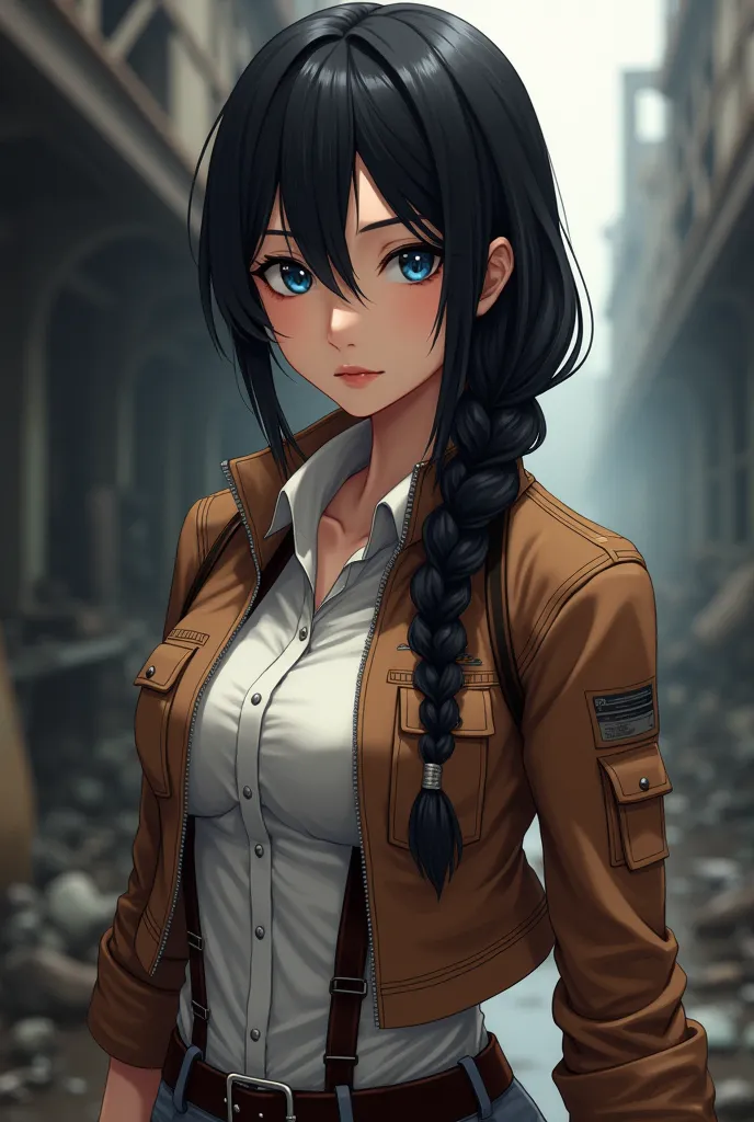 Black haired anime girl with a side braid and French bangs, blue eyes and a short brown jacket and white shirt from the attack on titan universe