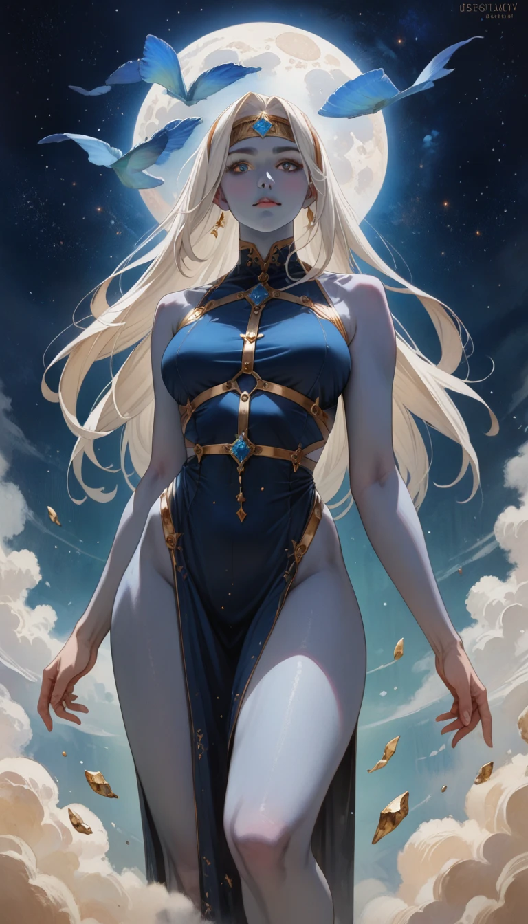 1 girl,(blue skin),colored skin,white hair,long hair,headband,blue gem on forhead,blue dress,gold ornament,gold harness,skimpy hip,bangs,deep of filed,cinematic lighting,floating,blue moon,starry sky,sleeveless,pov,look at viewer,(SuperQuality:1.0) ~ (SuperQuality:1.2), AissistXLv2, unaestheticXL_bp5