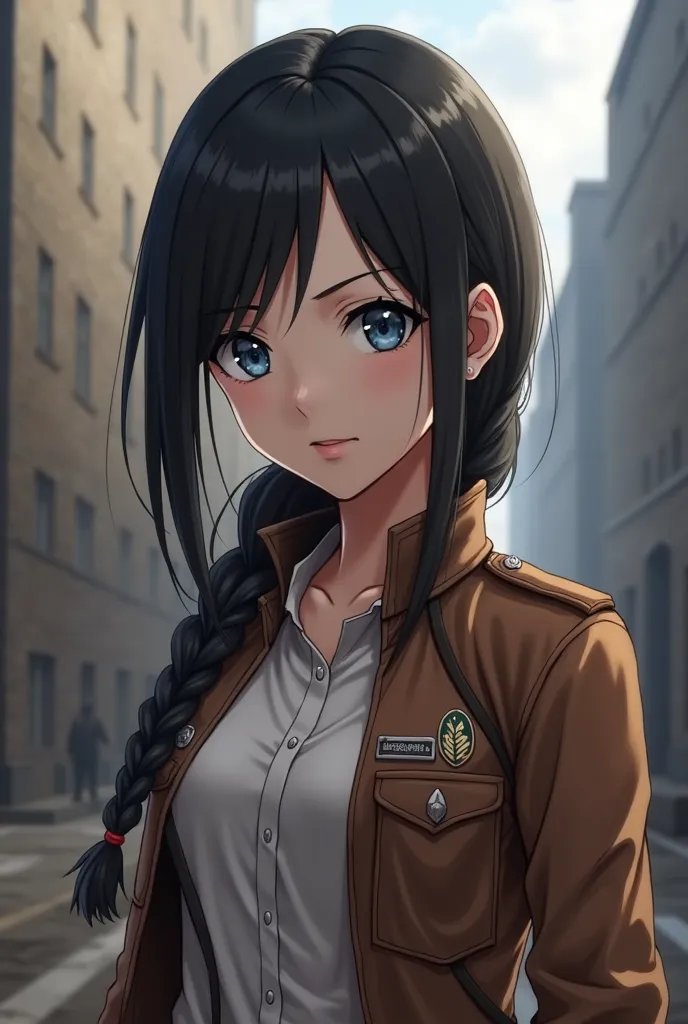 Black haired anime girl with a side braid and French bangs, blue eyes and a short brown jacket and white shirt, with the uniform of the attack on titan universe