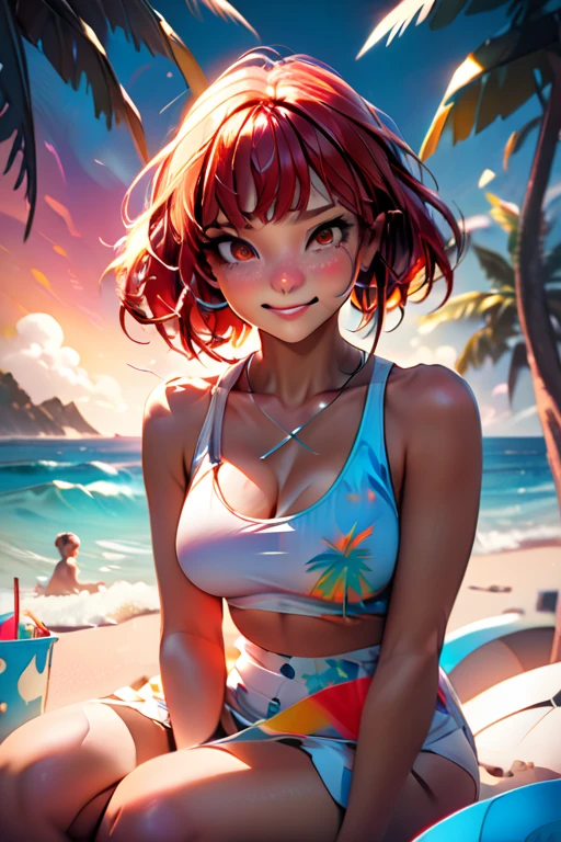 1 young woman; age 18; Slender, athletic; bright red hair; expressive light brown eyes with black pupils; attractive; lightly tanned skin; high detail freckles on face; very large breasts; trending on artstation; complex volumetric lighting; strong shadows; artistic lighting; dynamic; energetic vibe; realistic skin; specular highlights; micro-textures; highly detailed hair; wearing a white tank top; sitting on the beach at sunset with vibrant hues in the sky; beautifully detailed; epic focus including artists like Loish; Rhads; Beeple; Makoto Shinkai; Lois van Baarle; Ilya Kuvshinov; RossDraws; Tom Bagshaw; Alphonse Mucha; background contains a beach party; laughing expression