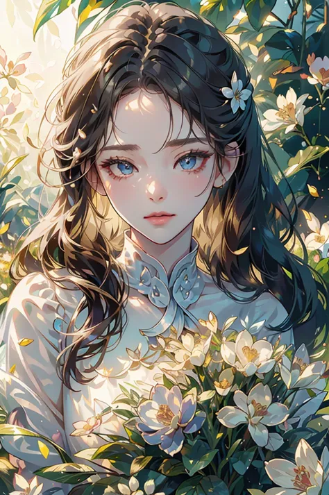 a young girl in a garden on a summer morning, dew on the grass, white dew solar term, beautiful detailed eyes, beautiful detaile...