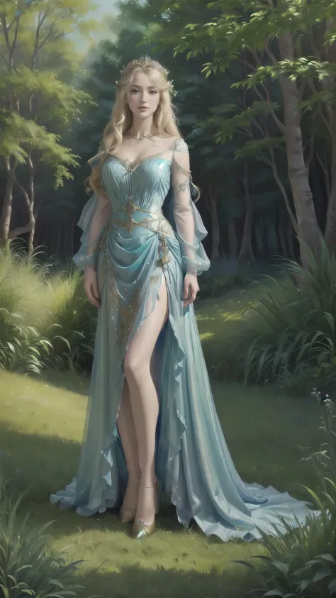 a painting of a woman in a blue dress standing in a garden, beautiful character painting, portrait painting of a princess, blond...