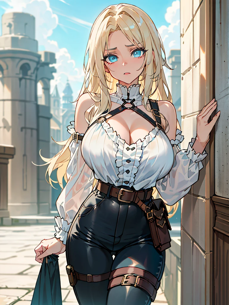 ((SFW)), ((head-to-waist portrait)), ((solo)). ((1girl, youthful adult woman)), ((blue eyes, cyan eyes, light blue eyes, sapphire eyes, beautiful eyes, expressive eyes, intense expression, regal expression)), ((light blonde hair, long hair, uneven hairstyle, asymmetrical hairstyle)), ((slim, slender, thin, huge breasts:1.5, large breasts, big breasts, round breasts:1, heavy breasts:1, round shoulders, delicate shoulders, soft shoulders, long legs:1)), ((Fantasy outfit, medieval outfit, medieval fantasy outfit, asymmetrical outfit, blouse, long sleeved blouse, ruffled blouse, sheer blouse, thin blouse, taut chest, cleavage:2, scoop neck:2, harness, chest harness, framed breasts, black pants, high-waisted pants, tight pants, belt, pouches, thigh pouch, thigh strap)). ((Anime)), ((high quality, masterpiece, 32k, detailed face, detailed eyes, detailed hair, detailed outfit)), ((dishwasher1910)), (realistic proportions), (good anatomy), cinematics, outside, outdoors, ruins, smoking ruins, destroyed buildings, smoke, dark sky, cinematic lighting, perfect lighting, depth of field