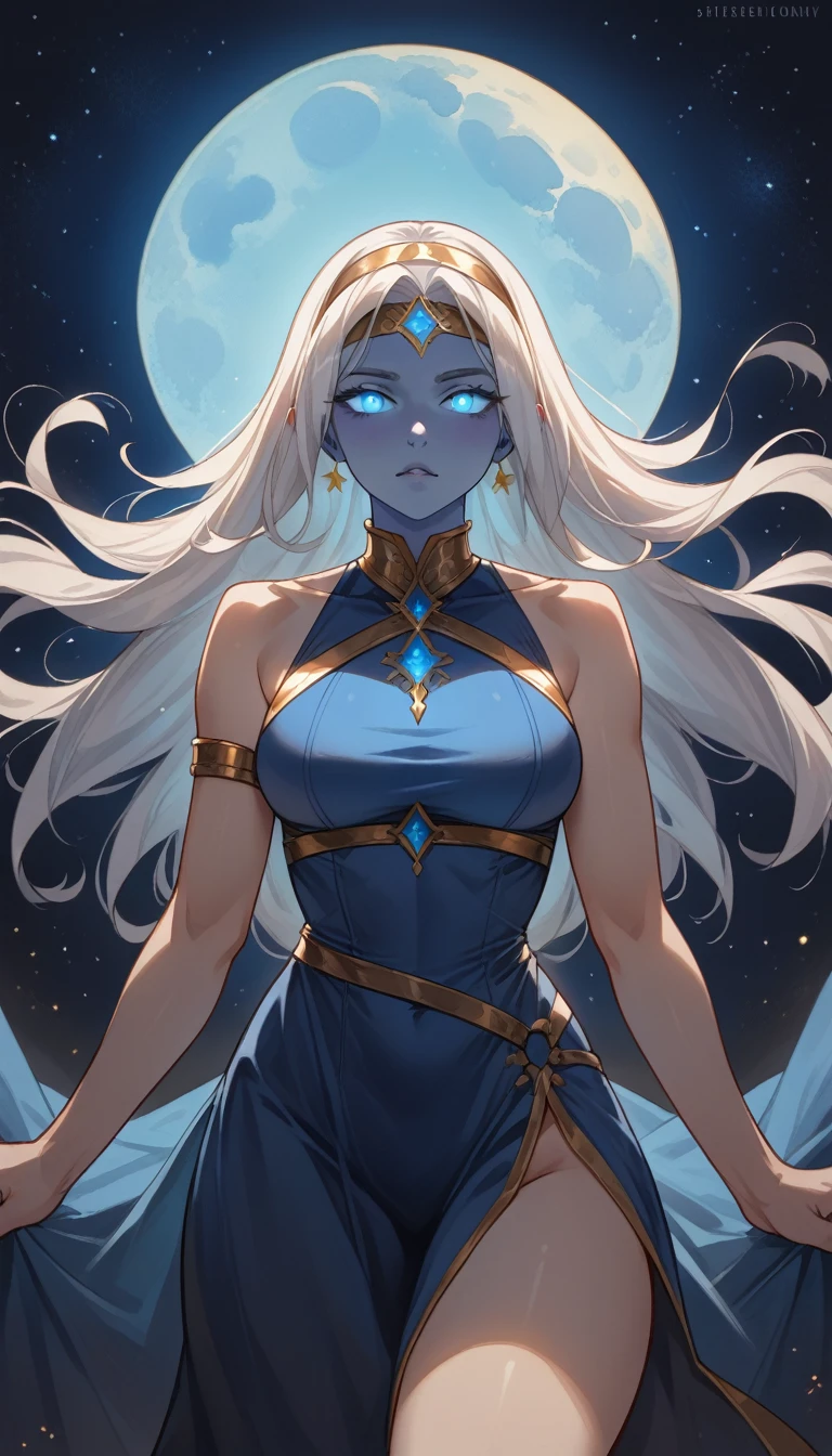 1 girl,(blue skin),colored skin,white hair,long hair,headband,blue gem on forhead,blue dress,gold ornament,gold harness,skimpy hip,bangs,deep of filed,cinematic lighting,floating,blue moon,starry sky,sleeveless,pov,look at viewer,on top,dark room,lighting,glowing eyes,(SuperQuality:1.0) ~ (SuperQuality:1.2), AissistXLv2, unaestheticXL_bp5