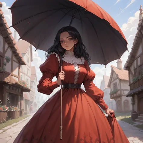 black haired woman, wearing a long red medieval dress with puffy detail on the shoulders, red dress with neckline and long sleev...