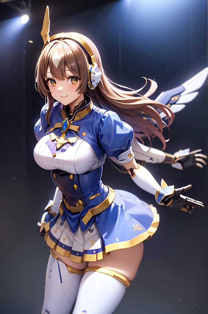 Mecha Wings、White and blue skirt、Golden Line、Pink ribbon、Thighs、tights、chest、Brown Hair、1 girl、Solo Girl、is、Frame Arms Girl、Alice Gear Aegis、Blue Armor、income、headphone、hand on own chest、smile、idol woman、idol dress