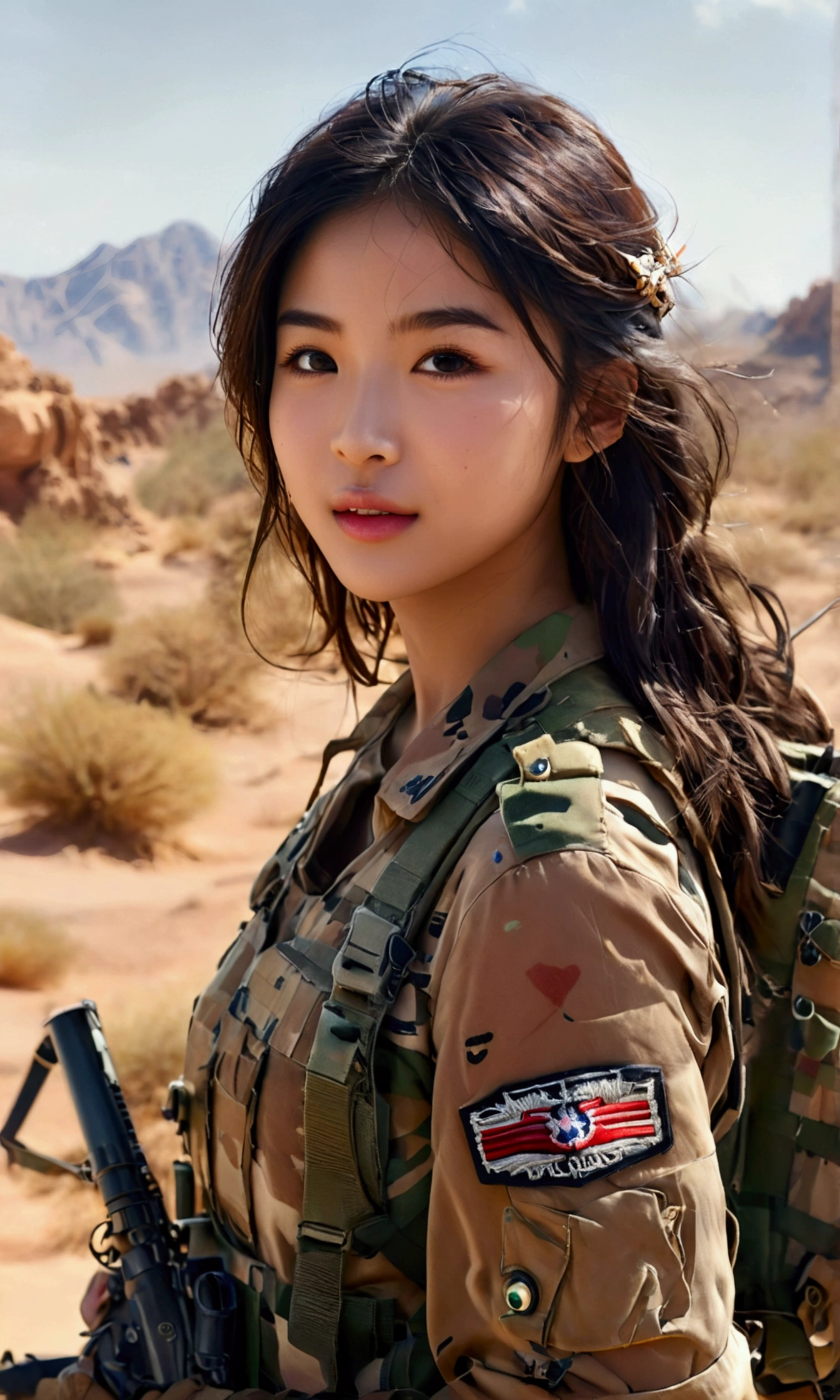 best quality,high resolution，High-resolution details， Extremely detailed:1.37), Aliana, 1, A beautiful Korean girl, Smiling gently at the camera，Wearing the uniform with pride, （full-body shot）Representing her role as a soldier. She&#39;s wearing a sexy military uniform. high resolution image capture ultra-fine realistic feel, highlighting Aliana's determined expression, Sharp eyes, and a confident attitude. Military helicopter in the desert in the background, Adds authenticity and meaning to the image. This visually striking representation showcases Aliana's strength and dedication as a soldier.