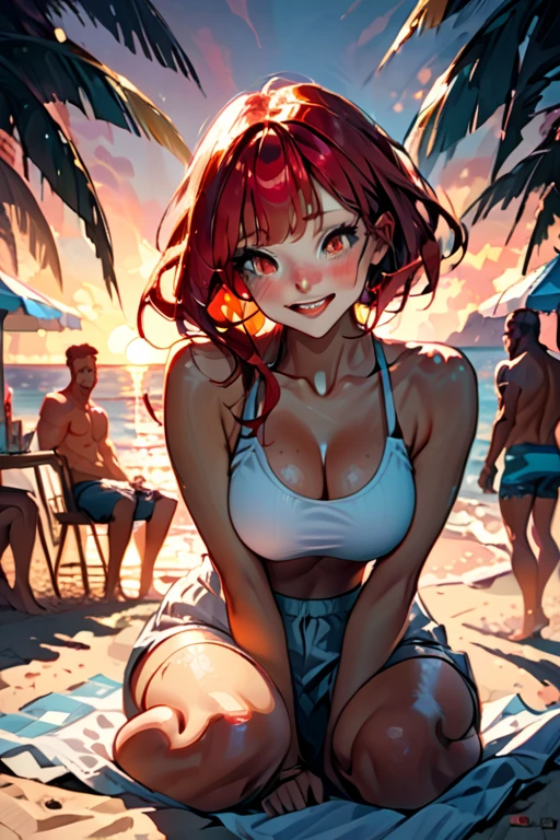 1 young woman; age 18; Slender, athletic; bright red hair; expressive light brown eyes with black pupils; attractive; lightly tanned skin; high detail freckles on face; very large breasts; trending on artstation; complex volumetric lighting; strong shadows; artistic lighting; dynamic; energetic vibe; realistic skin; specular highlights; micro-textures; highly detailed hair; wearing a white tank top; sitting on the beach at sunset with vibrant hues in the sky; beautifully detailed; epic focus including artists like Loish; Rhads; Beeple; Makoto Shinkai; Lois van Baarle; Ilya Kuvshinov; RossDraws; Tom Bagshaw; Alphonse Mucha; background contains a beach party; laughing expression